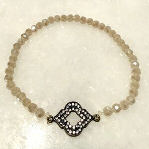 Handmade Faceted Moonstone Beads Arabesque Rhinestone Cream Stretch Bracelet